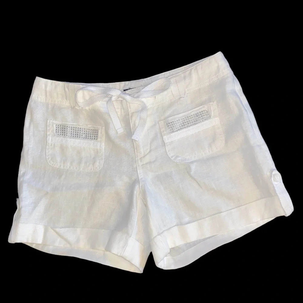 INC White Rhinestone Linen Shorts - Picture 2 of 9